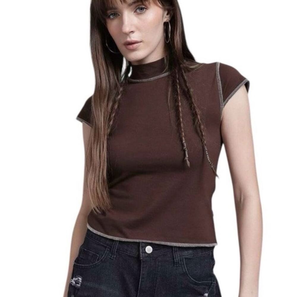 NWOT Silence + Noise Brown Cap Sleeve Turtleneck Top in Brown Size Small